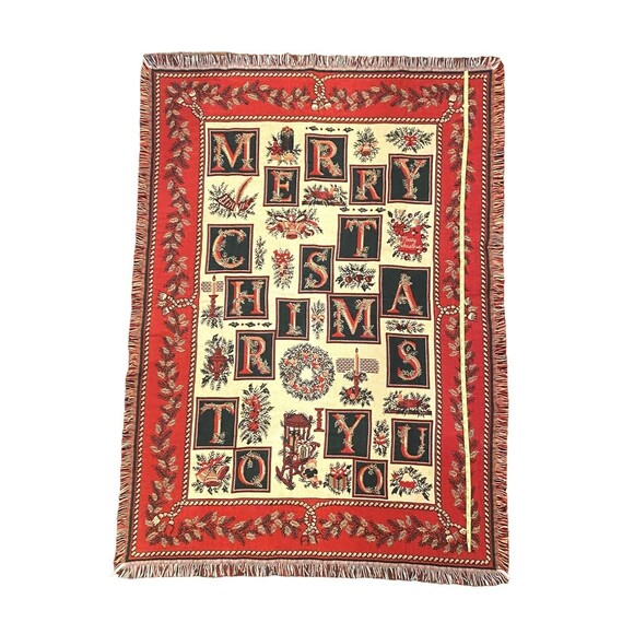 Christmas Tapestry Throw Blanket Goodwin Weavers 70x47 Fringe Red Green USA Made - Picture 9 of 16